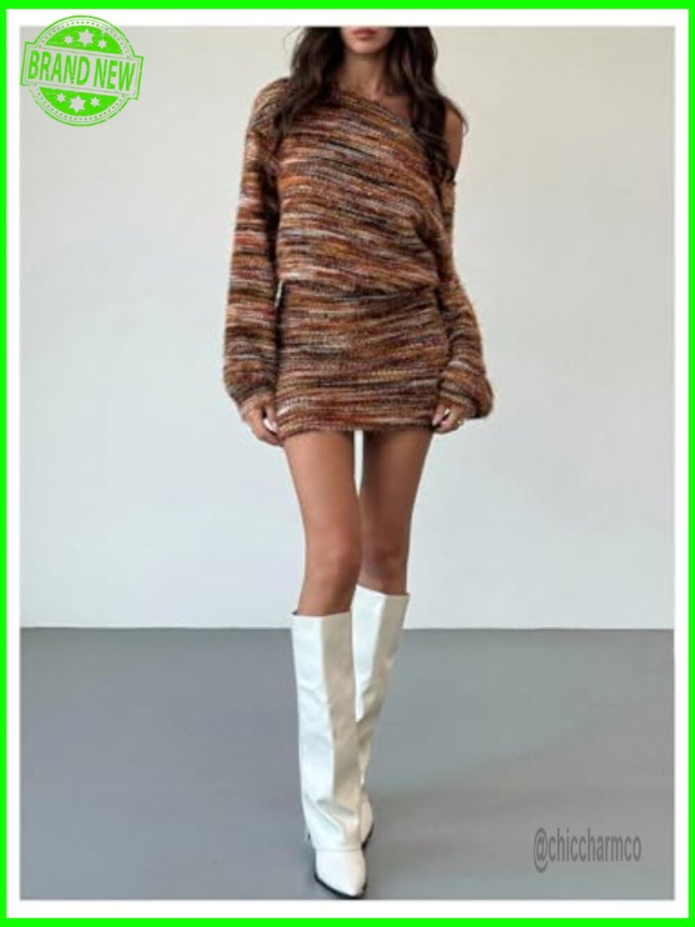 Womens Fuzzy Marled Knit Sweater Dress Asymmetrical Neck Long Sleeve Mini - Picture 5 of 5